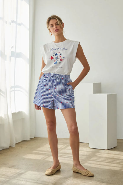 Striped Shorts with Star Embroidery