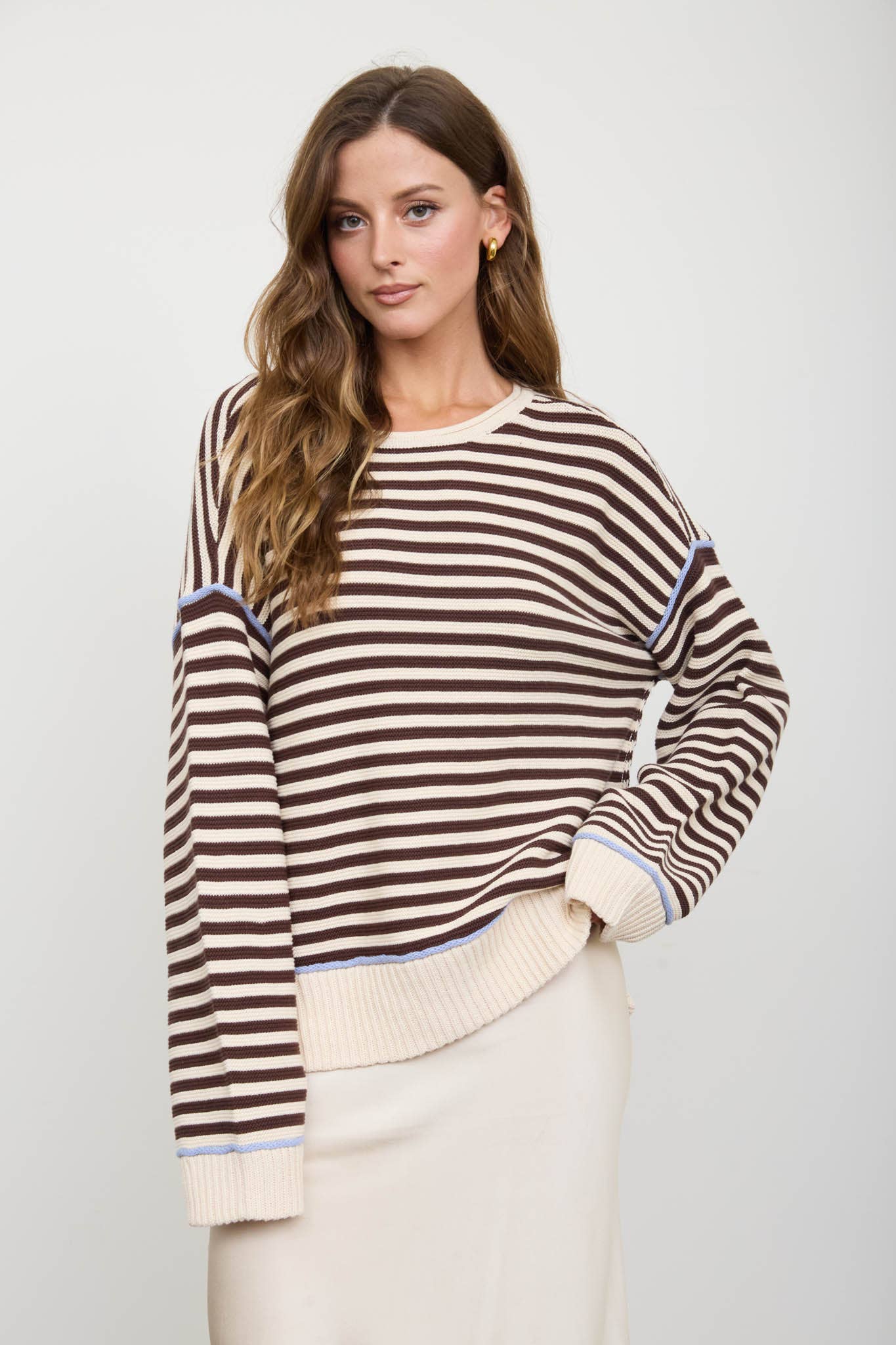STRIPE CONTRAST STITCH RAW EDGE KNIT SWEATER