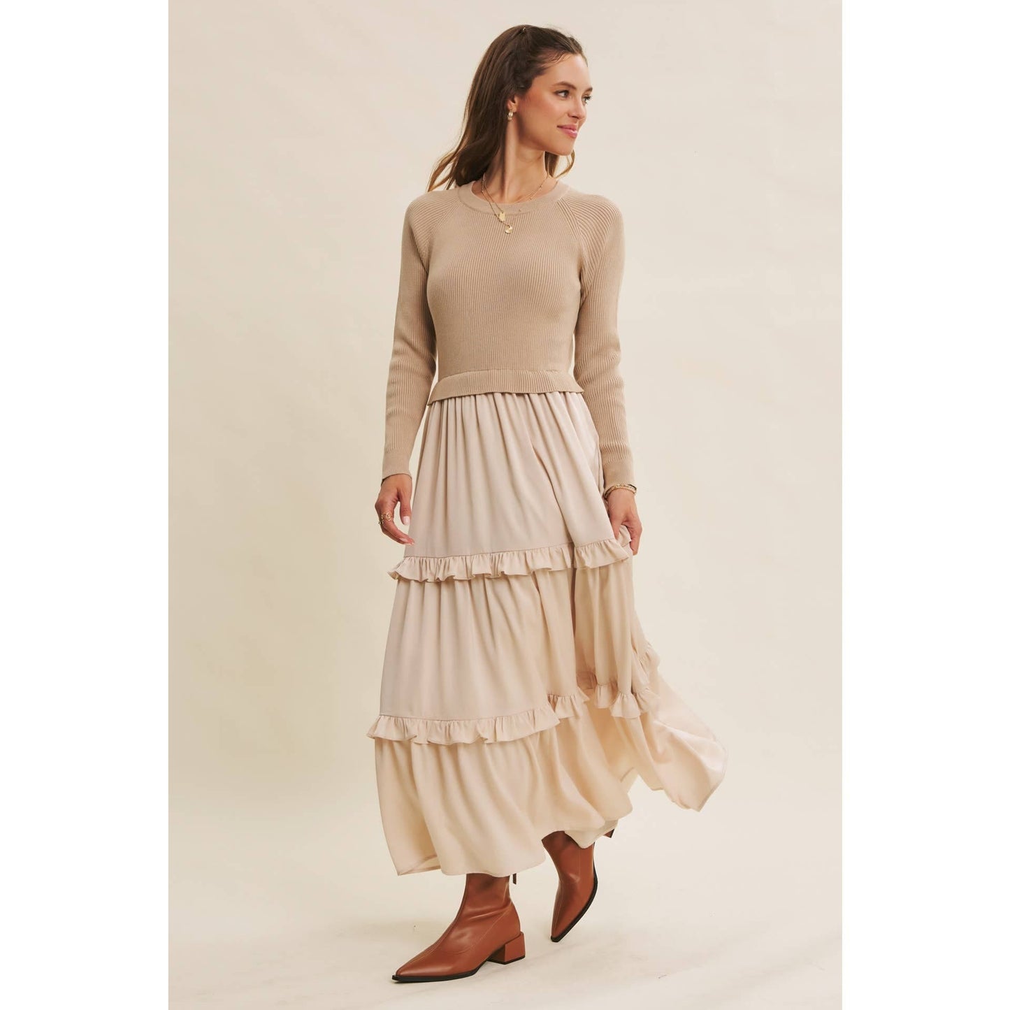 COMFORTABLE SWEATER AND SATIN TWOFER MAXI DRESS