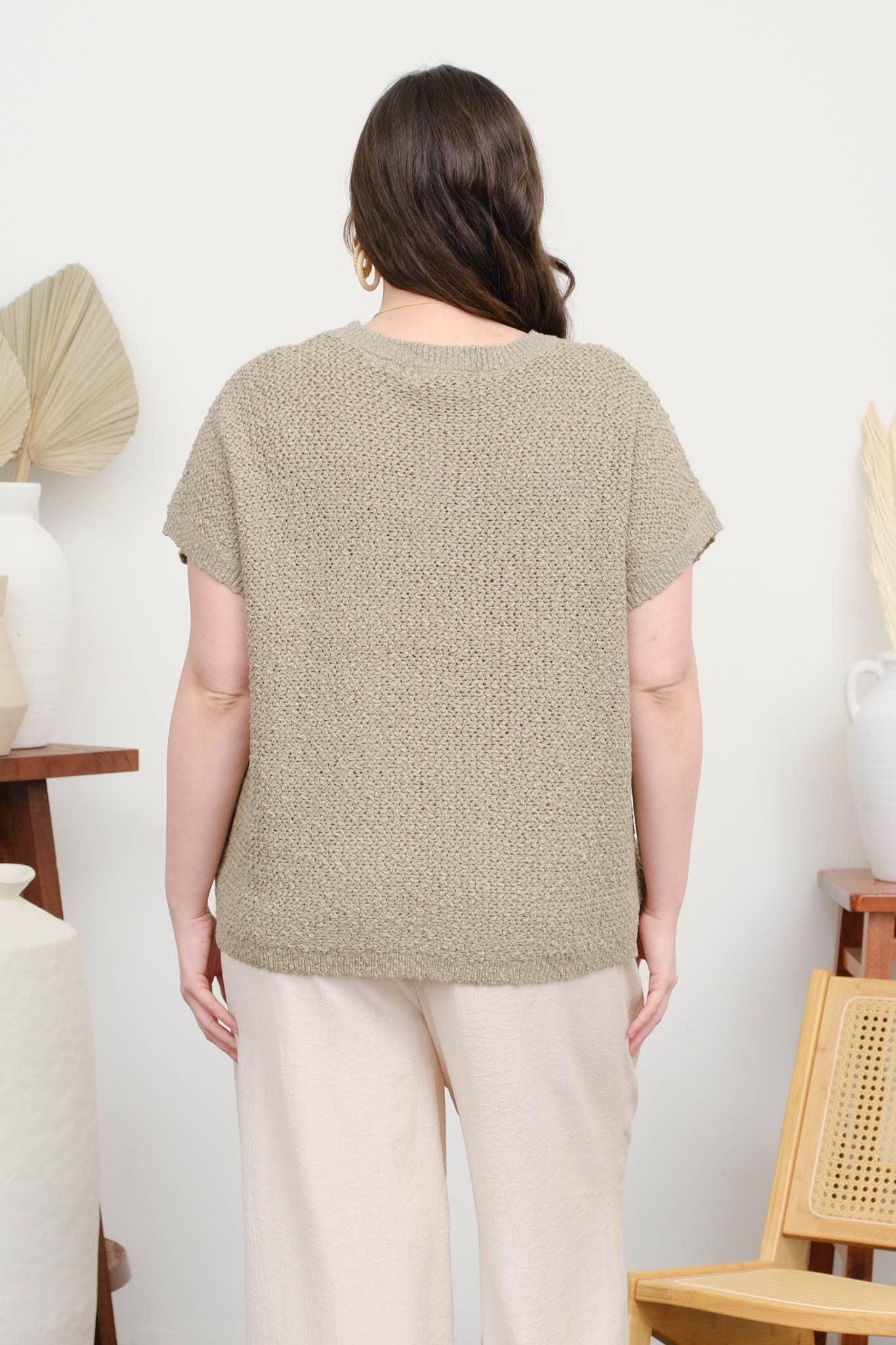 PLUS TEXTURED KNIT CREW NECK SHORT SLEEVE PULLOVER