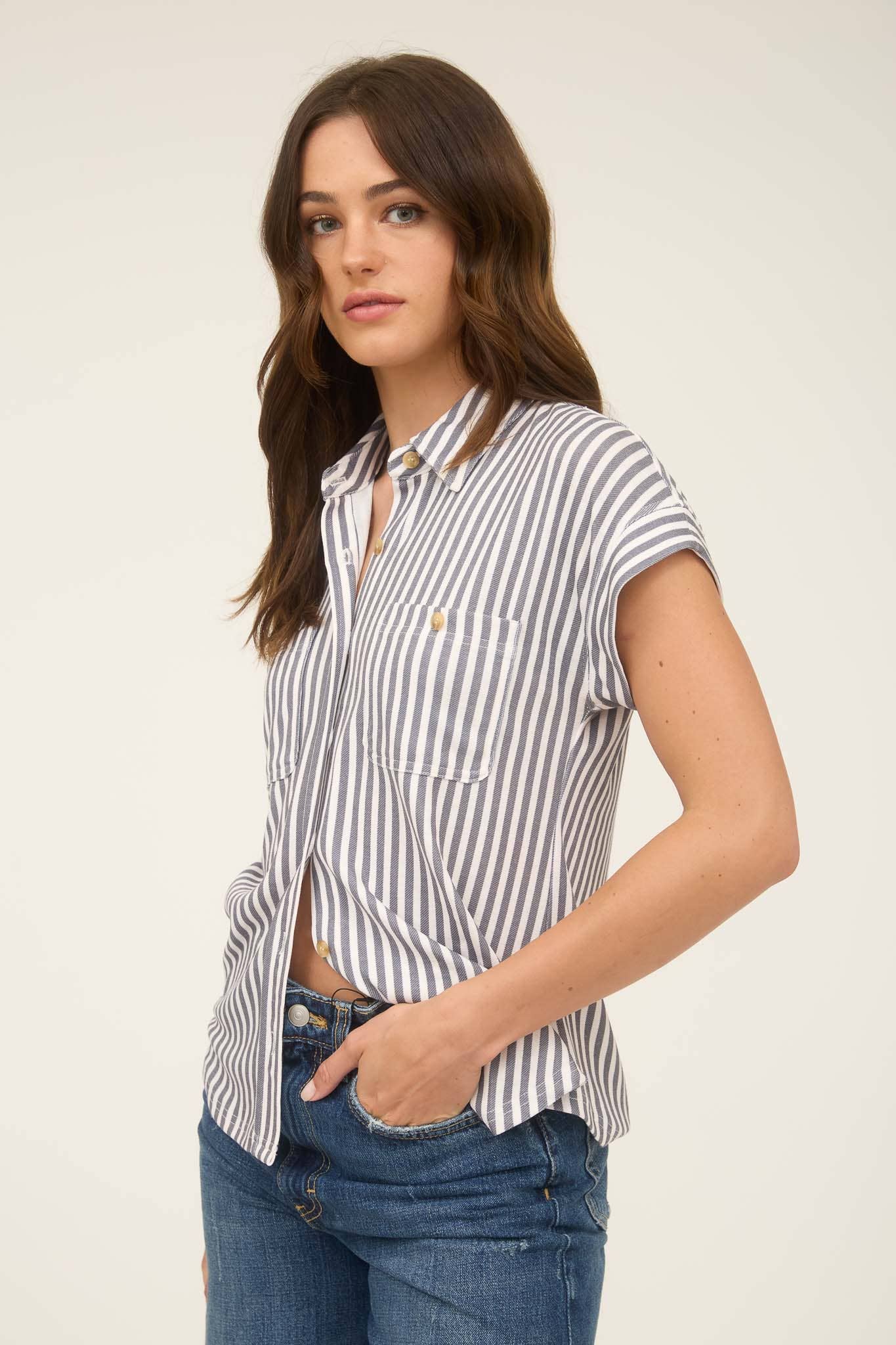 Blu Pepper navy white stripe short sleeve collared button down shirt with chest pockets