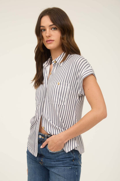 Blu Pepper navy white stripe short sleeve collared button down shirt with chest pockets