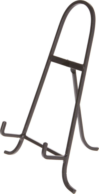 Black wrought iron display easel with arched top and three-legged base