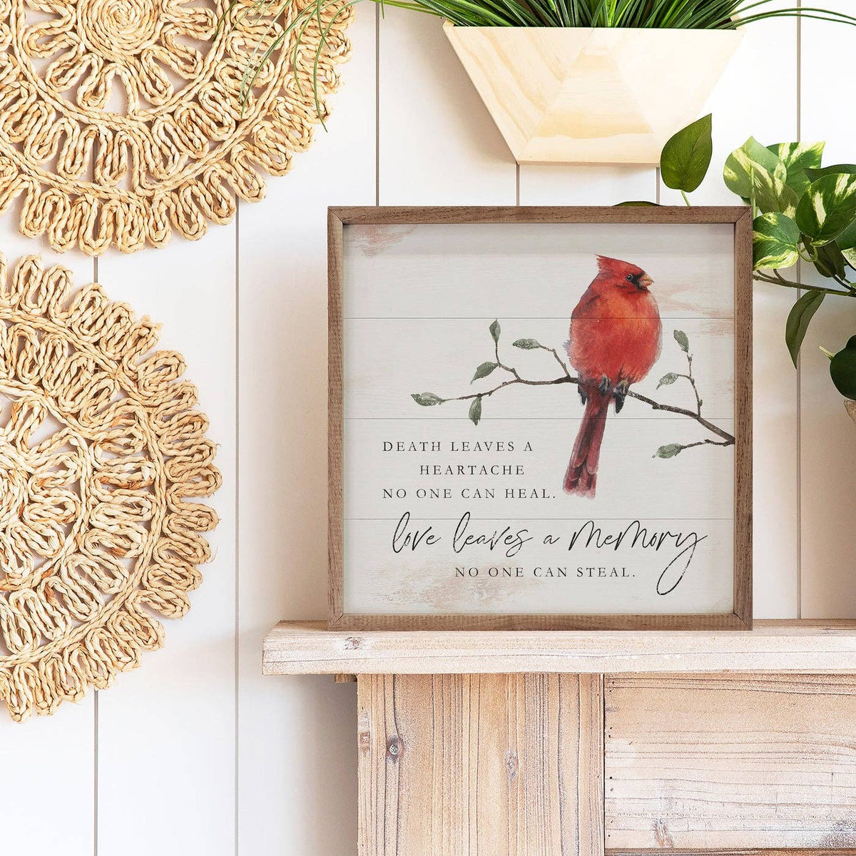 Whitewash wood framed sign with red cardinal and memorial quote about love
