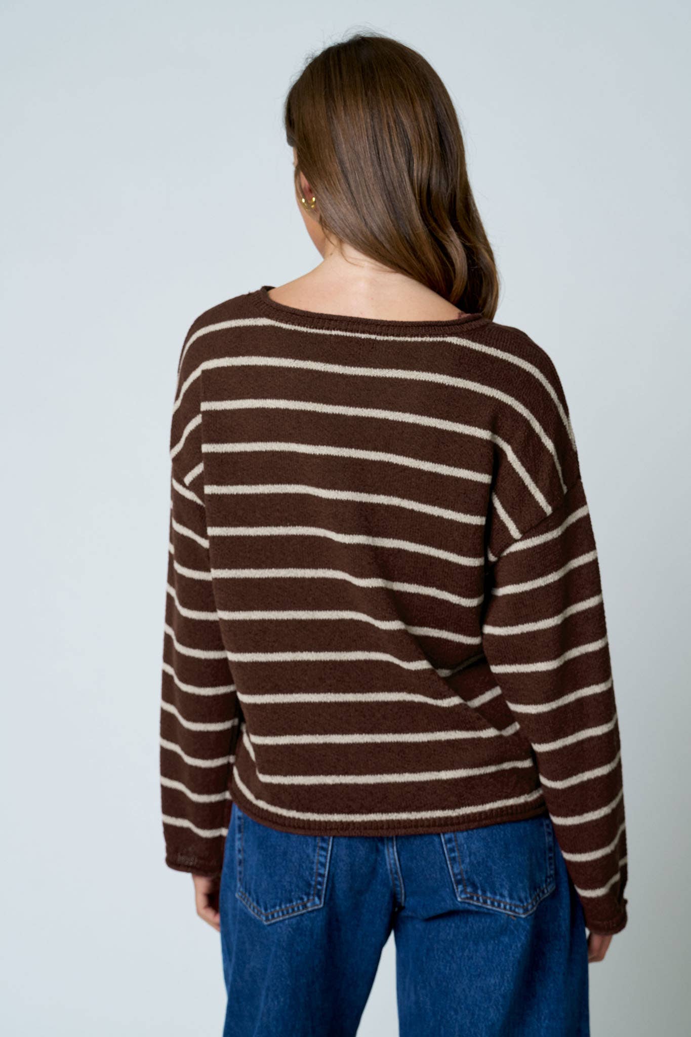 STRIPE TEXTURED RAW EDGE LONG SLEEVE KNIT SWEATER