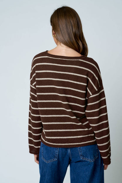 STRIPE TEXTURED RAW EDGE LONG SLEEVE KNIT SWEATER