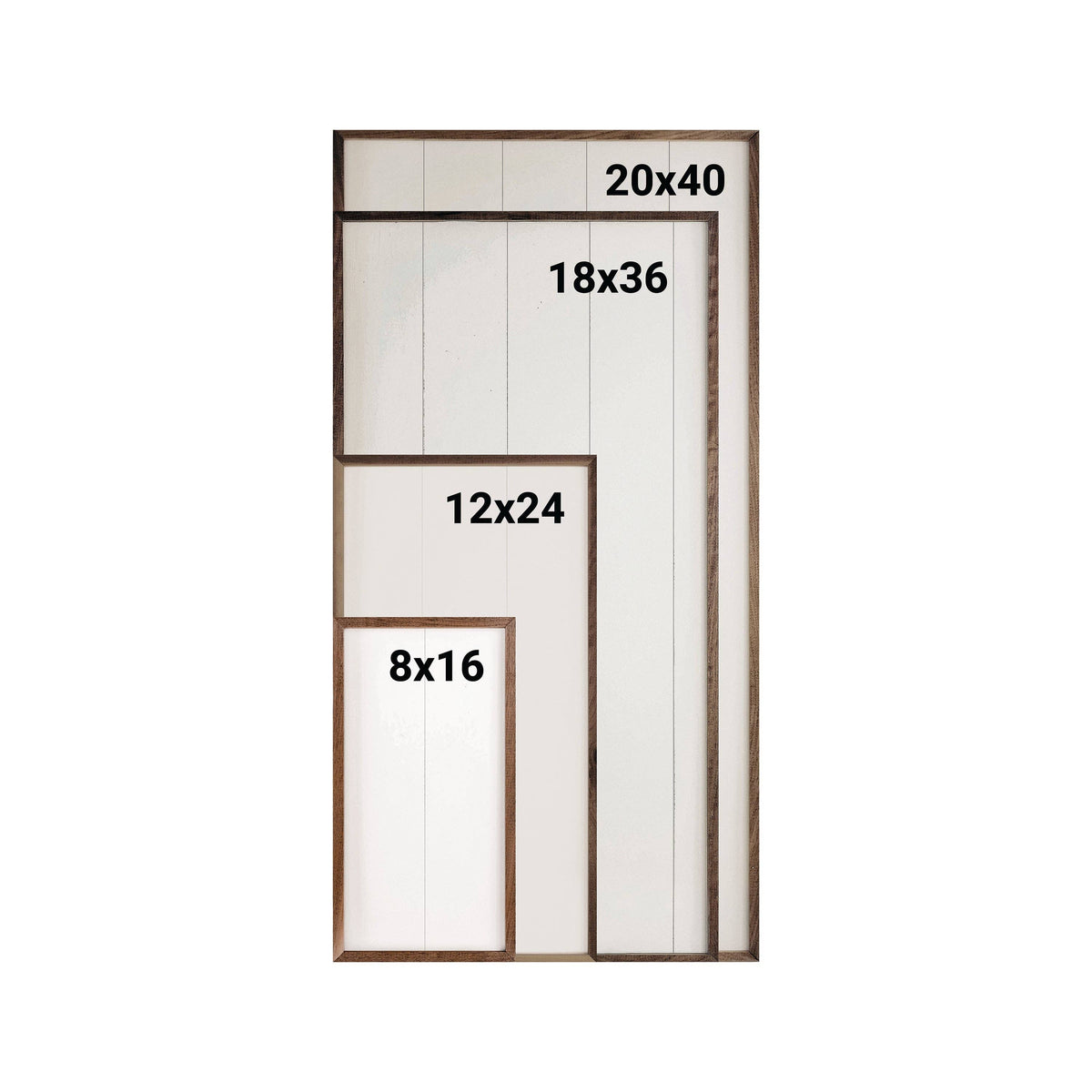 Wooden framed white shiplap signs in four sizes: 8x16, 12x24, 18x36, 20x40