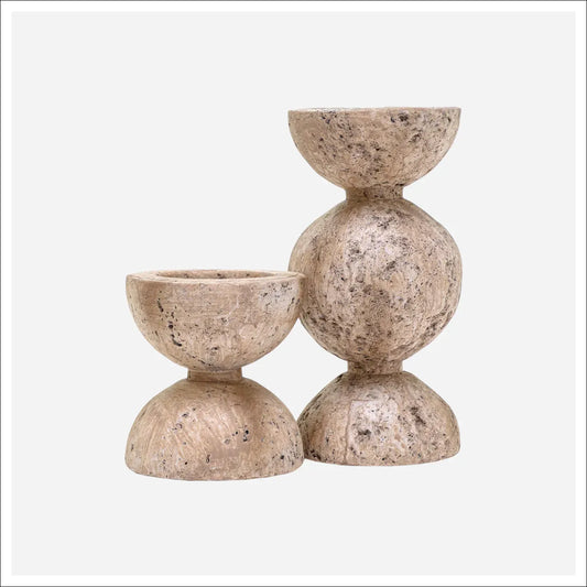 Two travertine stone candleholders in stacked orb shapes, small and large sizes