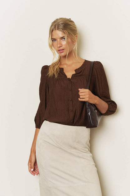 LACE YOKE BUTTON DOWN 3/4 SLEEVE TOP