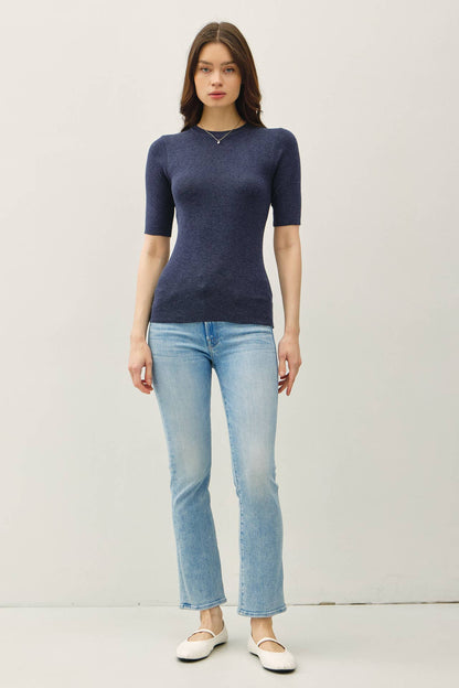 CLASSIC SOLID HALF SLEEVE RIB KNIT TOP