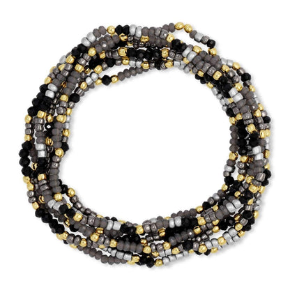 Splendid Iris black, gray, silver, and gold seed bead stretch bracelets set