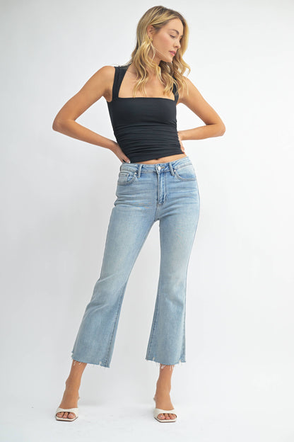 High Rise Crop Flare Distressed Hem