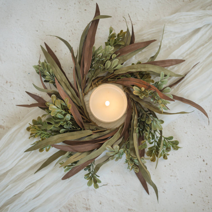 14" BROWN & GREEN MIXED LEAF CANDLE RING