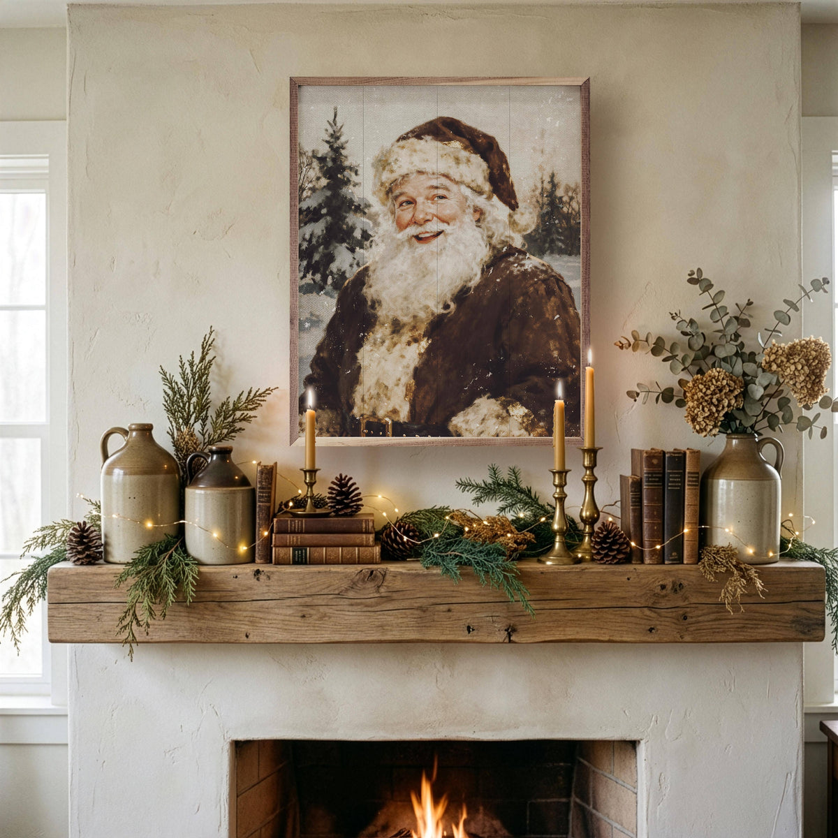 Vintage Santa portrait print displayed above rustic wood fireplace mantel with holiday decor