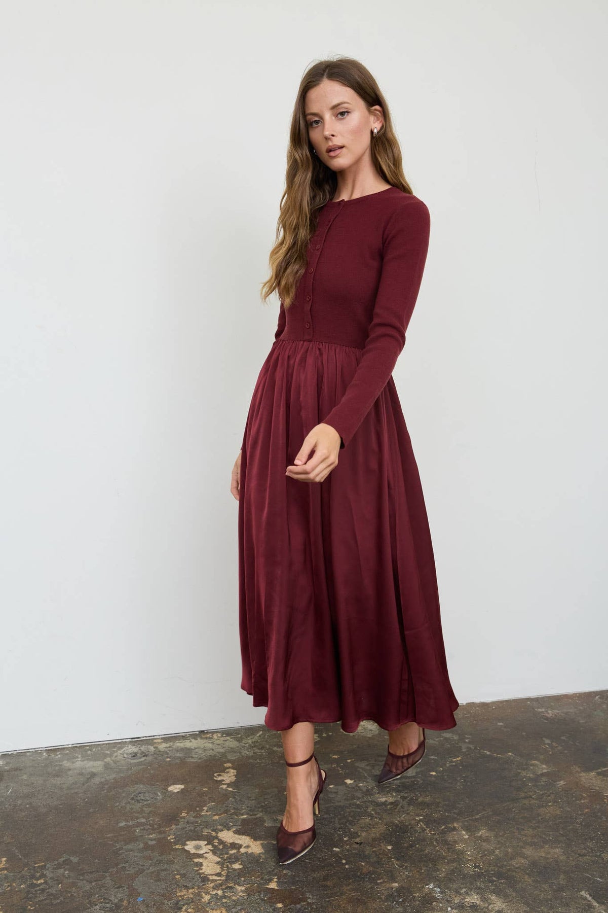 Knit Cardigan Satin Skirt Twofer Midi Dress