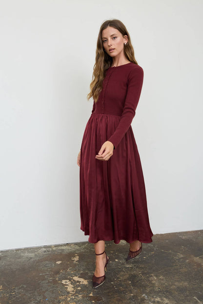 Knit Cardigan Satin Skirt Twofer Midi Dress