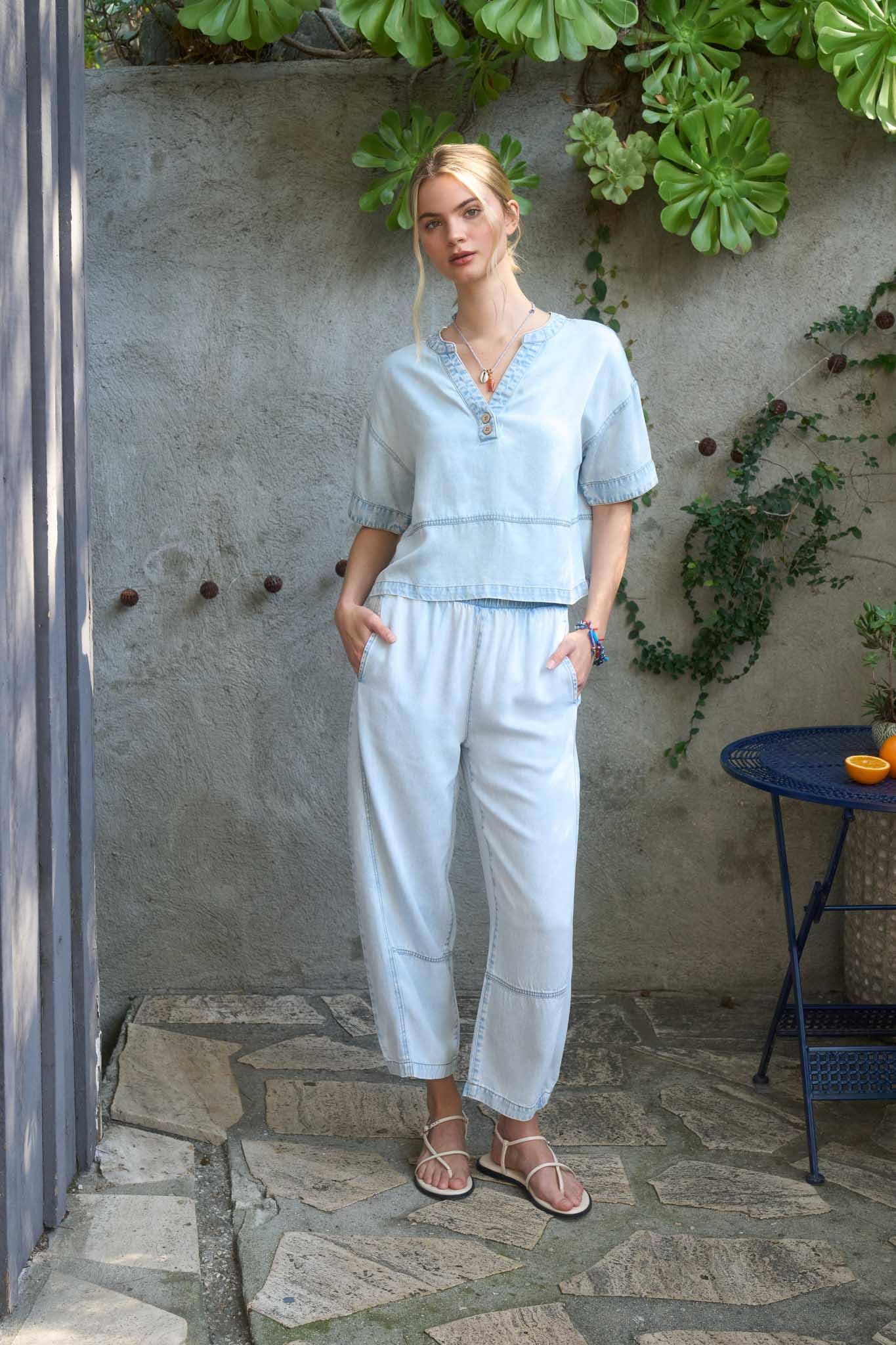 Washed Denim Split Neck Top