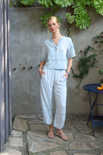 Washed Denim Split Neck Top
