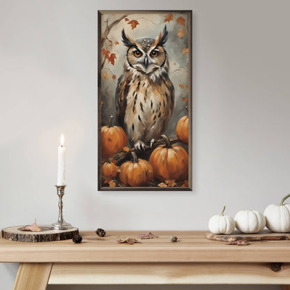 Framed autumn owl and pumpkins painting displayed above a wooden console table