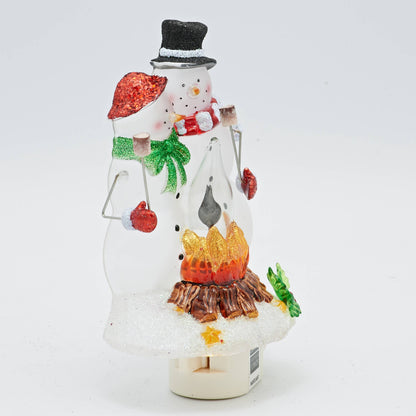 Snowmen Couple Campfire Night Light With Holly, Plug-In
