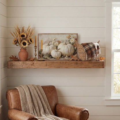 Framed white pumpkins autumn florals art print displayed on rustic wood shelf