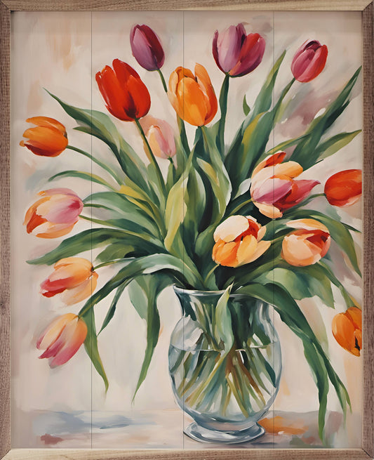 Tulips In Clear Vase Wooden Art Print