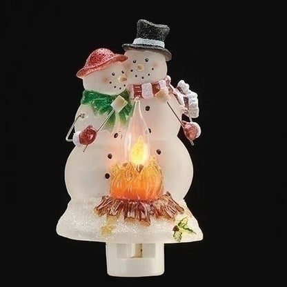 Snowmen Couple Campfire Night Light With Holly, Plug-In