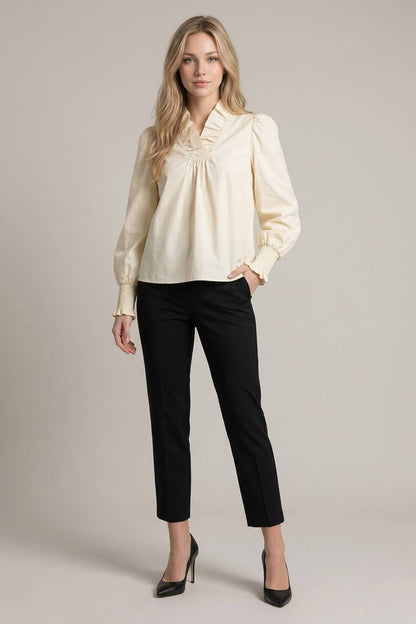 RUFFLE V NECK BLOUSE WITH SMOCKED CUFFS - 46491T
