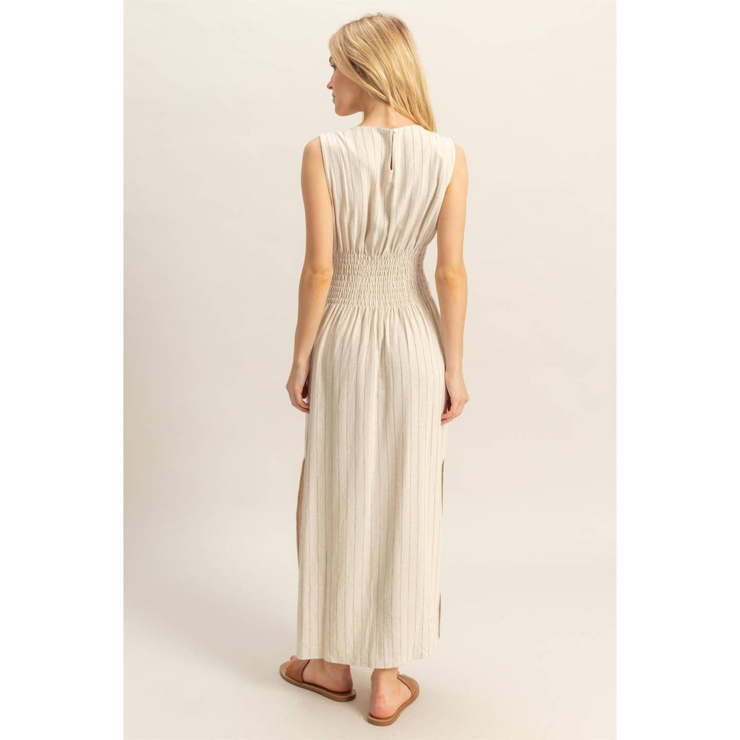 Striped rayon linen side slit maxi dress
