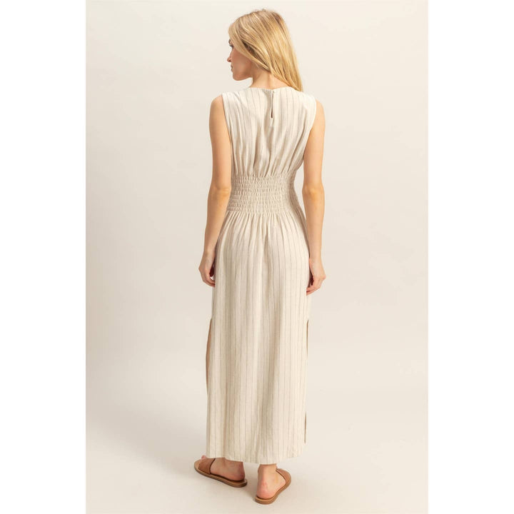 Striped rayon linen side slit maxi dress