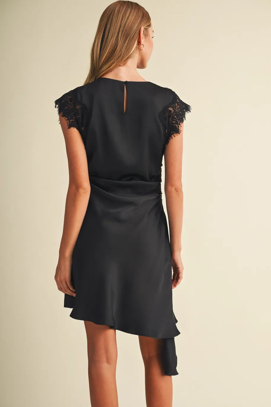 Mustard Seed black satin mini dress with lace cap sleeves and ruched waist