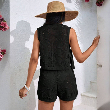 Sleeveless crochet knit set black 00946