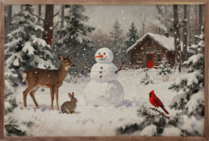 Framed winter woodland wall art with deer, rabbit, cardinal, snowman, and log cabin