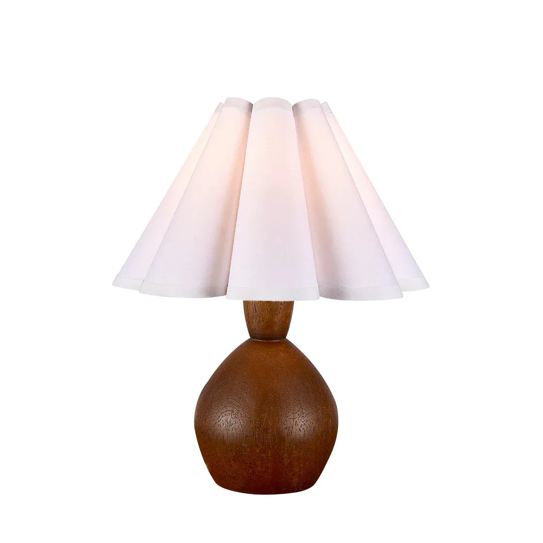 Marsh table lamp with round walnut wood base and white pleated fabric shade