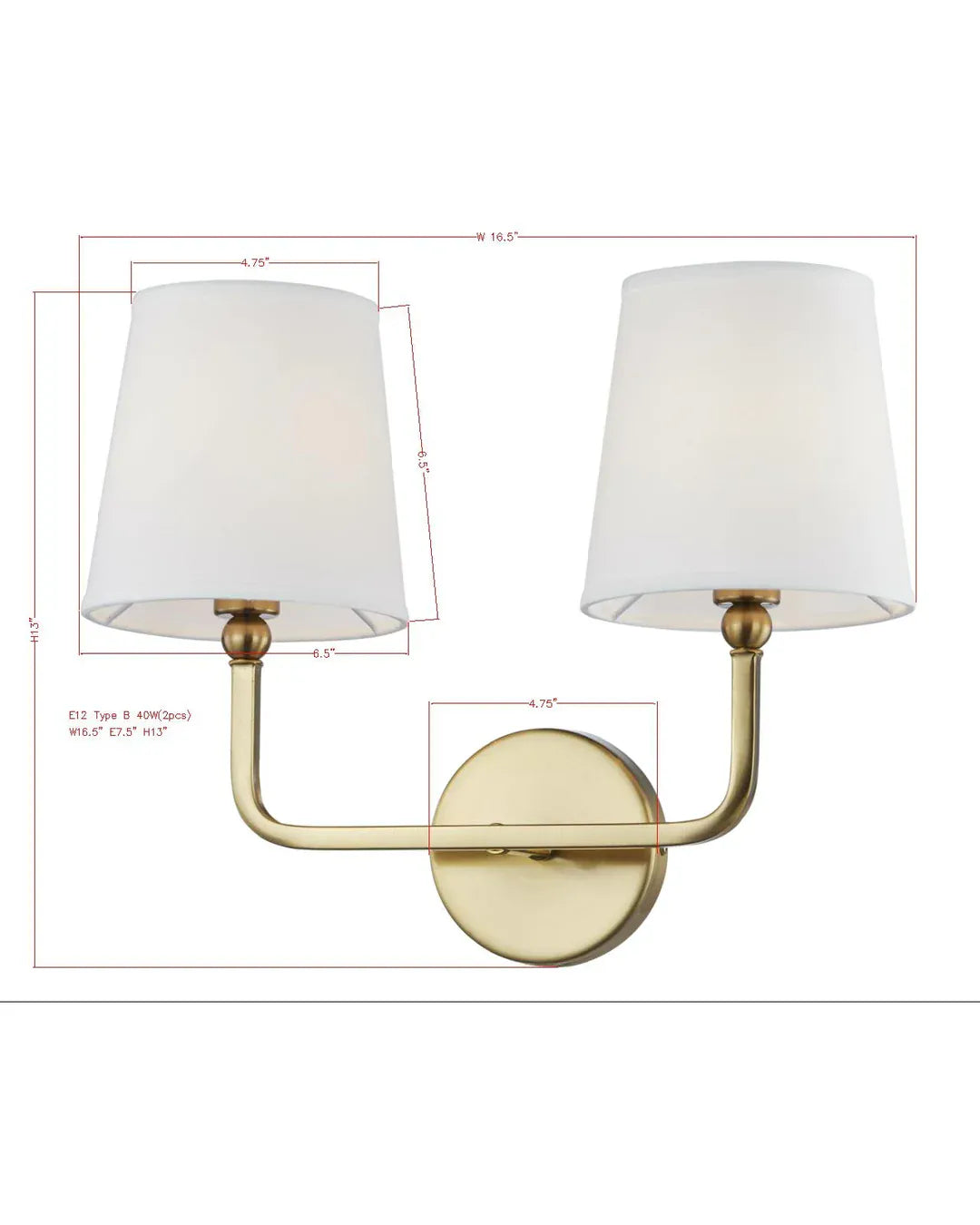 Forty West Maureen two-light brass wall sconce with white fabric drum shades