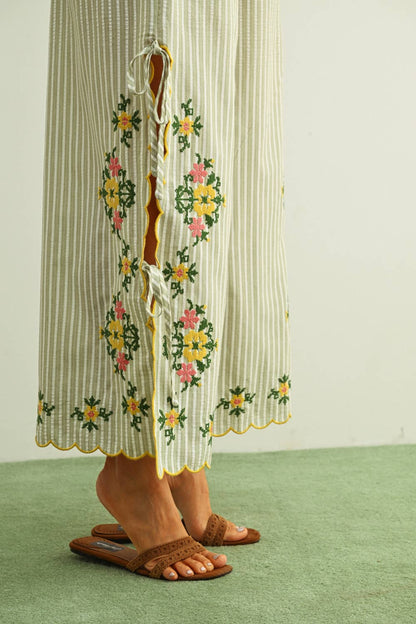 Floral Striped Embroidery Pants