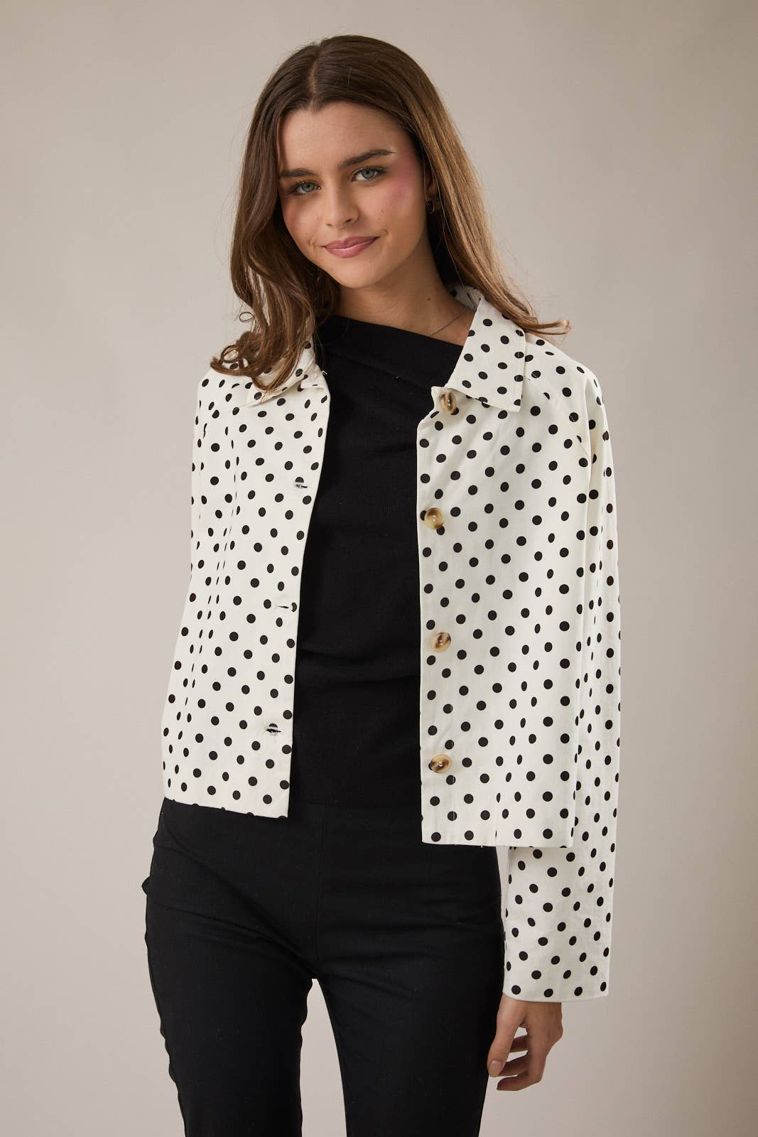 RAGLAN LONG SLEEVE POLKA DOT BOXY JACKET