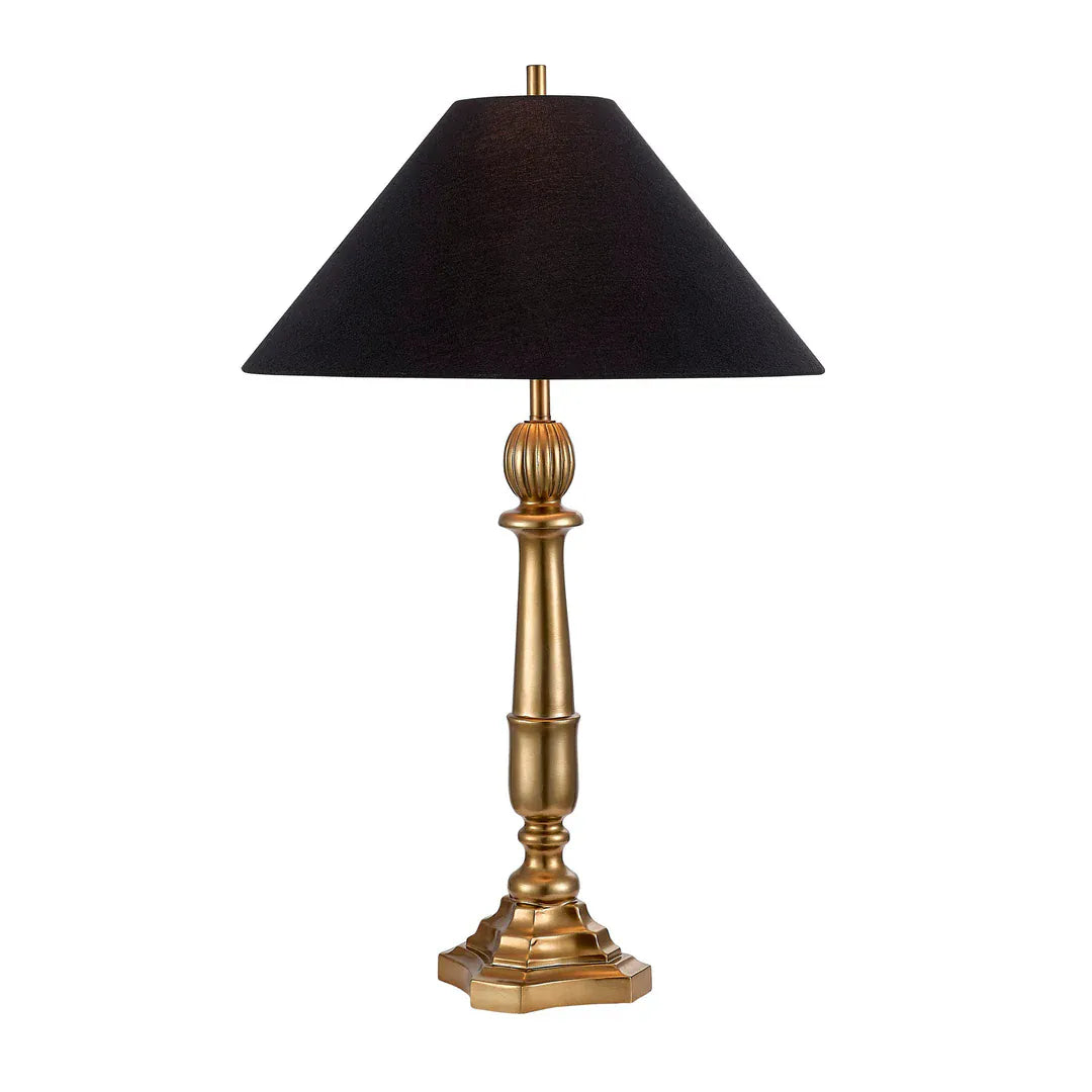 Stonewall brass candlestick table lamp with black empire shade, 28.5 inches tall