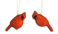 Two red cardinal bird glass Christmas ornaments with gold hanging strings