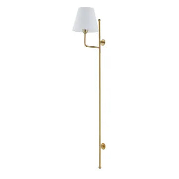 Tall gold metal wall sconce with white linen shade and vertical rod mount