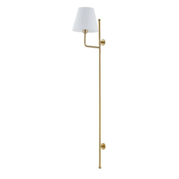 Tall gold metal wall sconce with white linen shade and vertical rod mount