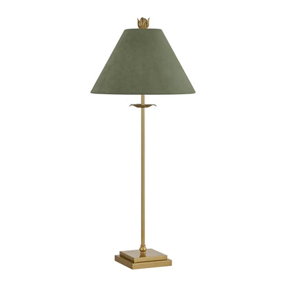 Tall brass table lamp with sage green conical shade and floral finial detail