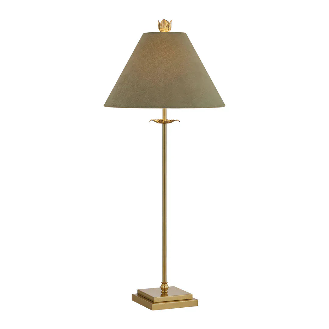 Tall brass buffet table lamp with olive green empire shade and floral finial