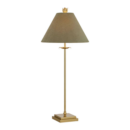 Tall brass buffet table lamp with olive green empire shade and floral finial