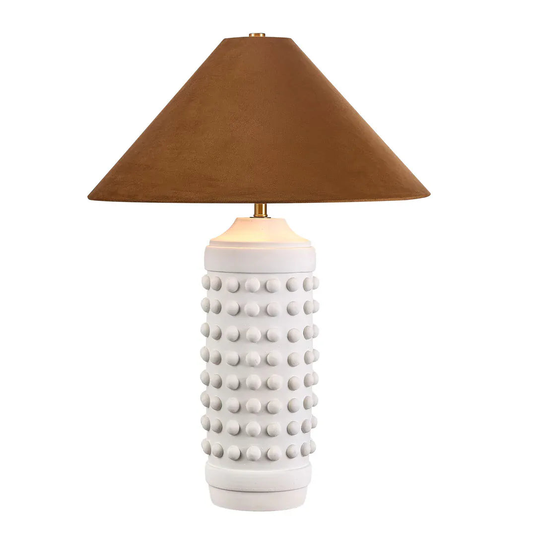 White hobnail ceramic table lamp with brown suede cone shade and brass hardware