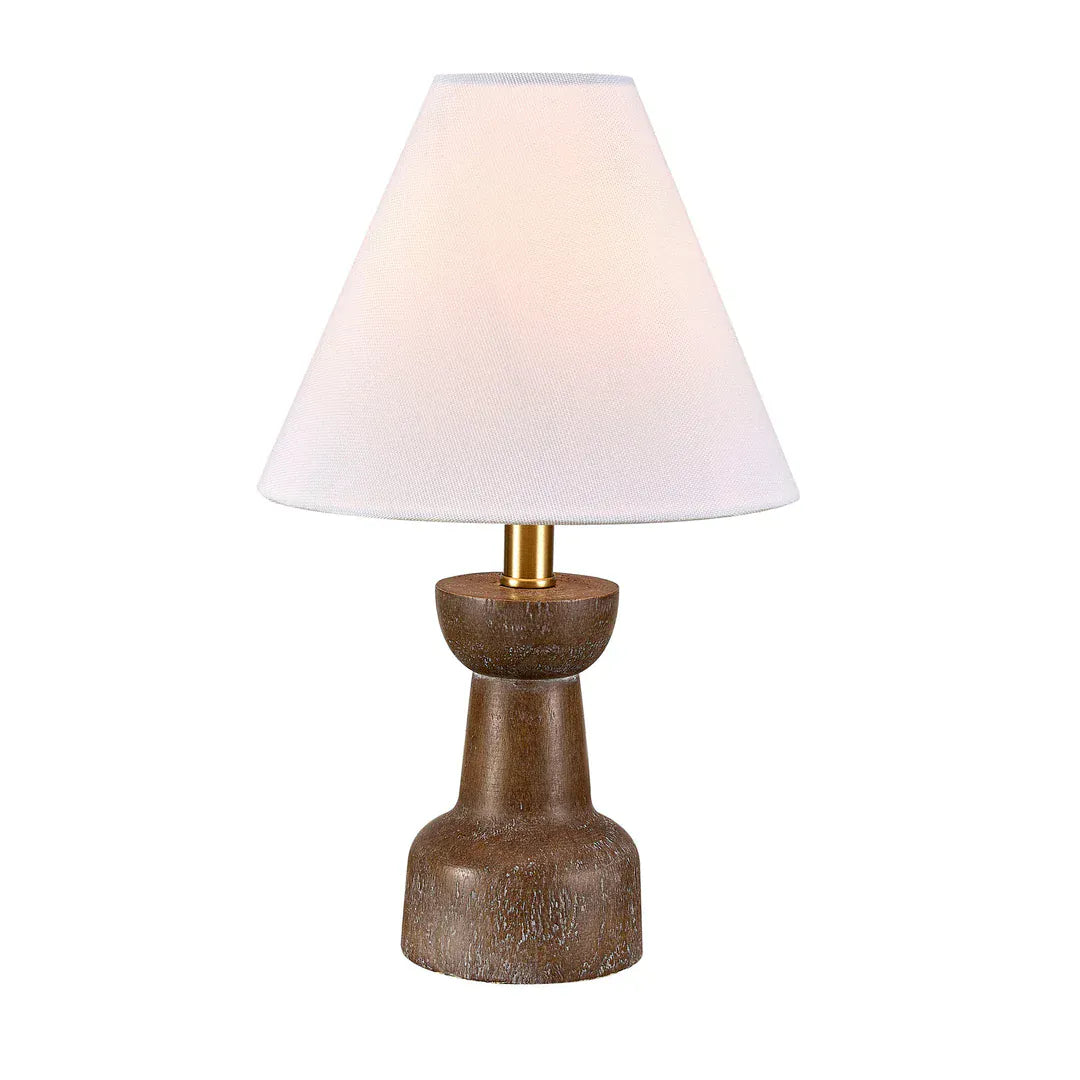 Becker table lamp with rustic brown base, brass accent, and white empire shade