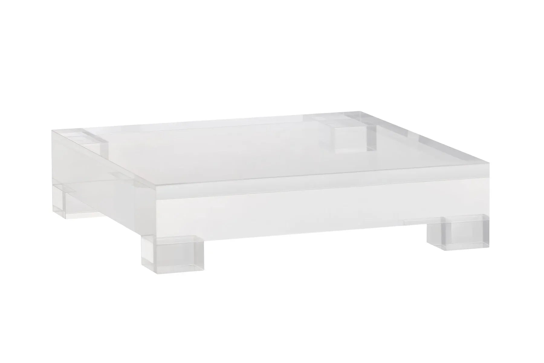 Clear acrylic square lamp pedestal with four block feet and frosted white base