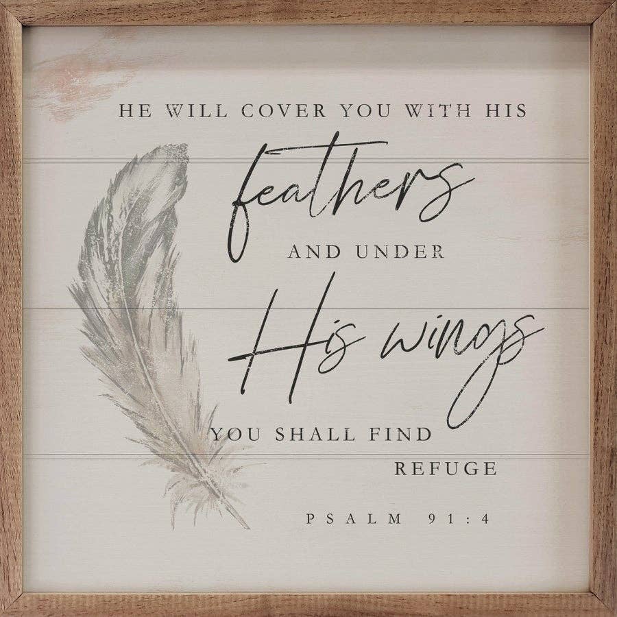 Framed wood sign with Psalm 91:4 feather illustration on cream background