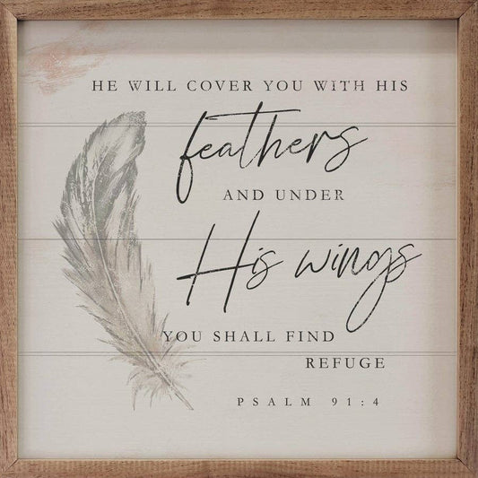 Framed wood sign with Psalm 91:4 feather illustration on cream background