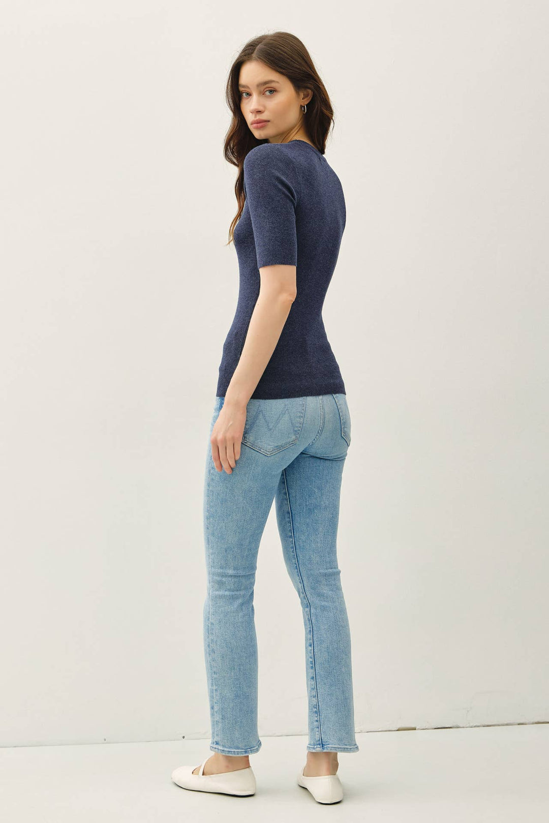 CLASSIC SOLID HALF SLEEVE RIB KNIT TOP